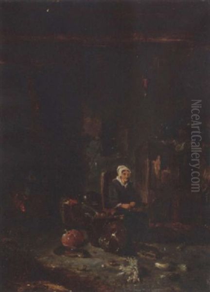 A Kitchen Interior With A Maid And A Woman Seated By A Fire - view 1