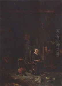 A Kitchen Interior With A Maid And A Woman Seated By A Fire by Willem Kalf