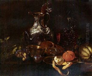 A Silver Jug, A Peeled Lemon On A Pewter Plate, A Facon-de-venise Wine Glass, Grapes, A Melon, A Shell And Plums On A Draped Table by Willem Kalf