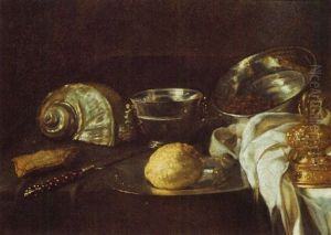 A Nautilus Shell, A Silver Cup, A Lemon On A Silver Plate, A Knife, A Silver Cover And A Bowl On A Draped Table