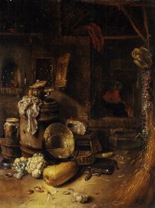 The Courtyard Of A Cottage With A Peasant By A Fire, Vegetables, A Pot And A Barrel In The Foreground by Willem Kalf