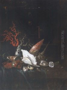 Still Life Of Coral And Sea Shells Together With A Jewelry Casket Upon A Partly Draped Stone Ledge by Willem Kalf