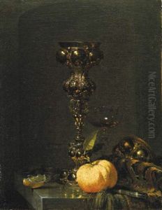 A Steeple Cup With Upturned Cover, A Glass Of Wine, An Orange And A Knife On An Oriental Rug On A Draped Marble Ledge