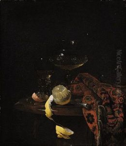 Still Life Of A Peeled Lemon, A Roemer, A Wine Glass, A Knife And A Rug, All Upon A Marble Top Draped With A Carpet by Willem Kalf