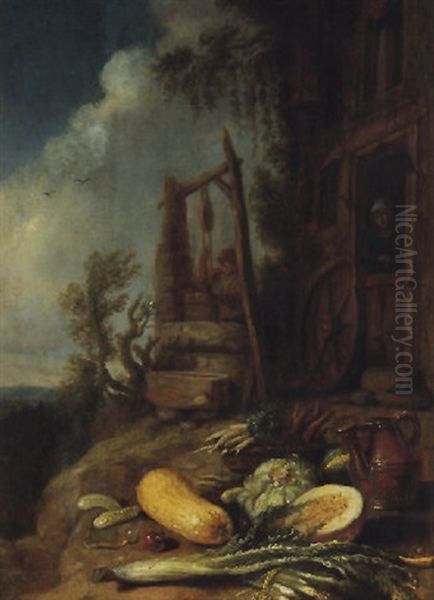 Landscape With A Peasant At A Well, A Still Life Of Vegetables In The Foreground - view 1
