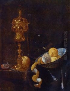 A Peeled Lemon And Oranges In A Wanli Kraak With A Gilt Cup And Cover, A Roemer And Other Objects On A Silk-draped Ledge by Willem Kalf