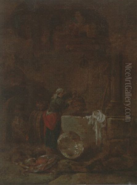 A Woman Drawing Water From A Well Under An Arcade - view 1