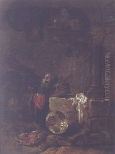 A Woman Drawing Water From A Well Under An Arcade