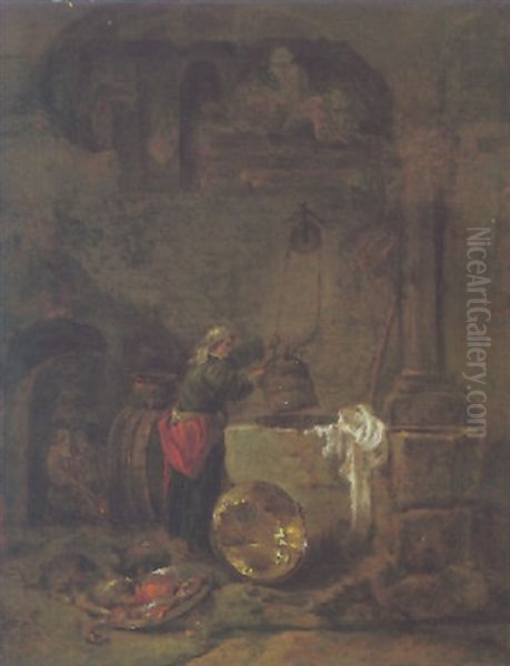 A Woman Drawing Water From A Well Under An Arcade - view 1
