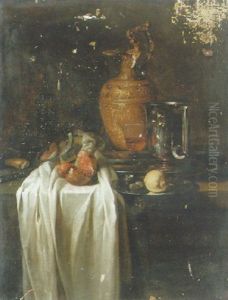 A Chased Silver Gilt Ewer, A Pewter Pitcher, A Wine Glass, A Lemon And Grapes And A Pomegranate On A Partially Draped Table by Willem Kalf