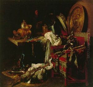 A Still Life With Arms And Armour, Martial Trumpets, And Other Objects Arranged On A Table With A Silver Thread Trimmed Velvet Chair, A Self Portrait Beyond by Willem Kalf
