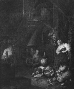 An Interior Of A Barn With Kitchen Utensils by Willem Kalf