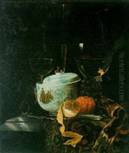 Still Life With A Walni Sugar Jar, Peeled Lemon, Orange And Glasses by Willem Kalf
