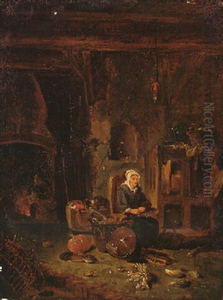 A Maid In A Kitchen With A Copper Pan, A Cabbage, Gherkins, A Pumpkin, Utensils In A Basket - view 1