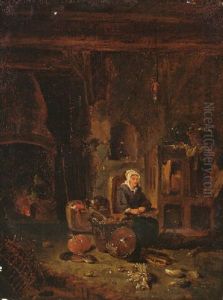 A Maid In A Kitchen With A Copper Pan, A Cabbage, Gherkins, A Pumpkin, Utensils In A Basket by Willem Kalf