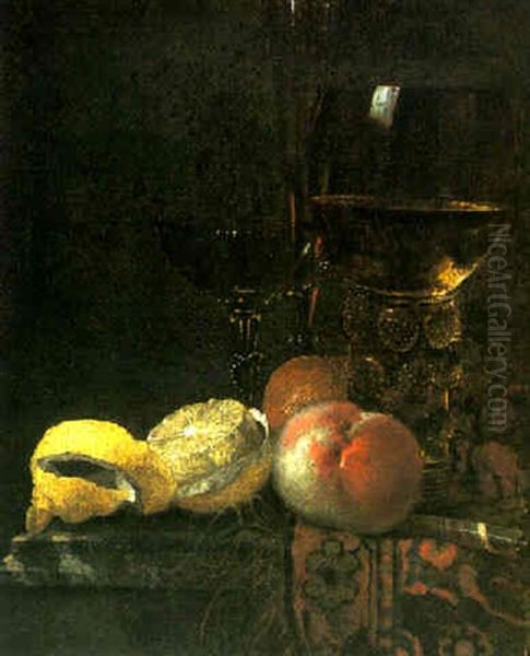 Still Life Of Fruit, A Roemer And Flute Glass On A Table Covered With A Carpet - view 1