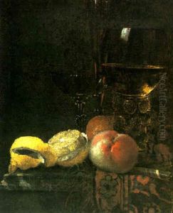Still Life Of Fruit, A Roemer And Flute Glass On A Table Covered With A Carpet by Willem Kalf