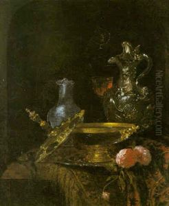 Still Life Of Silver And Other Objects Displayed In A Niche Partly Draped With A Carpet by Willem Kalf