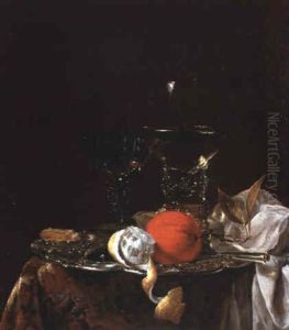 A Roemer, Wine Glass And Orange On A Silver Plate With Lemon On A Table by Willem Kalf