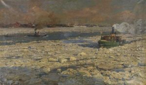 Gruner Fahrdampfer Im Eis Auf Der Elbe. "wintersonne