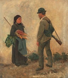 "begegnung" Einer Bauerin Und Eines Jagers by Friedrich Kallmorgen