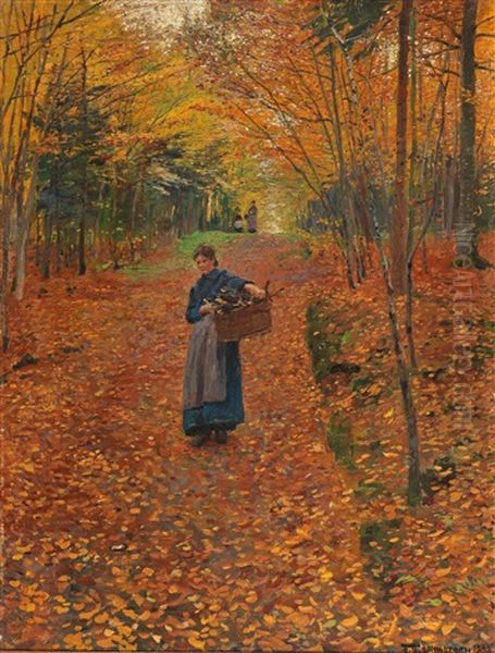 Woman Gathering Wood In An Autumn Wood - view 1