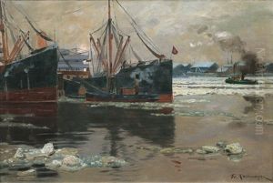 Ice In The Port Of Hamburg by Friedrich Kallmorgen