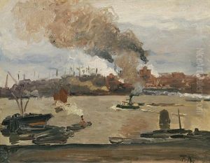 Im Hamburger Hafen. Im Mittelpunkt Ein Kleiner Gruner Dampfer by Friedrich Kallmorgen