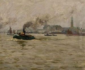 Hamburger Hafen Mit Barkasse, Elbewern Und Dampfern Vor Der Michaeliskirche