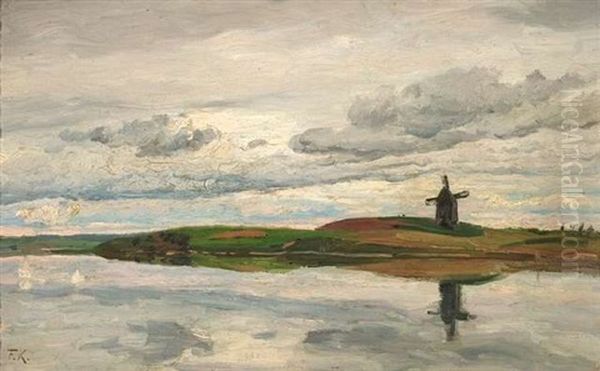 Weite Landschaft Mit Windmuhle Unter Bewolktem Himmel - view 1
