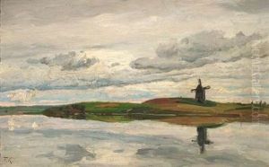 Weite Landschaft Mit Windmuhle Unter Bewolktem Himmel by Friedrich Kallmorgen