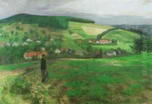 Bauer Am Feldrand Vor Einem Dorf by Friedrich Kallmorgen