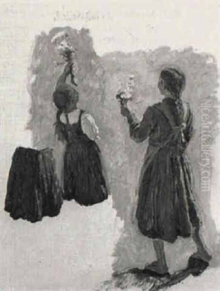 Zwei Madchen Mit Blumenstraus (study) - view 1