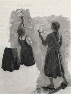 Zwei Madchen Mit Blumenstraus (study) by Friedrich Kallmorgen