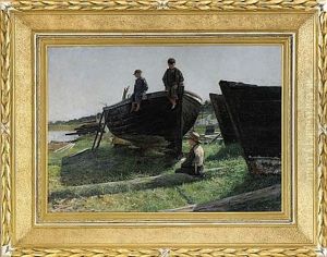 Vardag Vid Slipen - Mor Med Soner Vid Fiskebat Vardag Vid Slipen - Mor Med Soner Vid Fiskebat