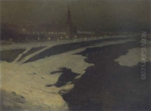 View Of The Kremlin At Night by Nicolai Konstantinovich Kalmakov