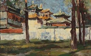 Scene From Hangzhou With A Bridge Over A River (+ Scene From Chinese City, In The Foreground A Garden With Tall Trees, Oil On Paper; 2 Works) by Ivan Leonardovich Kalmykov