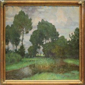 Sommerlicher Weiher Mit Schilf, Im Hintergrund Ansicht Eines Dorfes by Petras Kalpokas