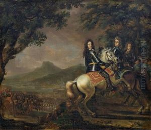 Three Military Leaders On Horseback Positioned On A Hill Before The Troops by Barend Van Kalraet