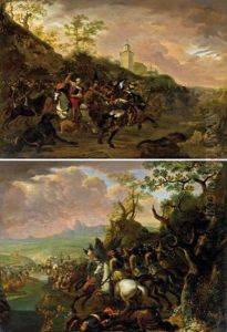 Reiterscharmutzel Auf Einer Anhohe Vor Einer Okkupierten Stadtbefestigung (+ Schlacht Vor Einer Burg; Pair) by Barend Van Kalraet