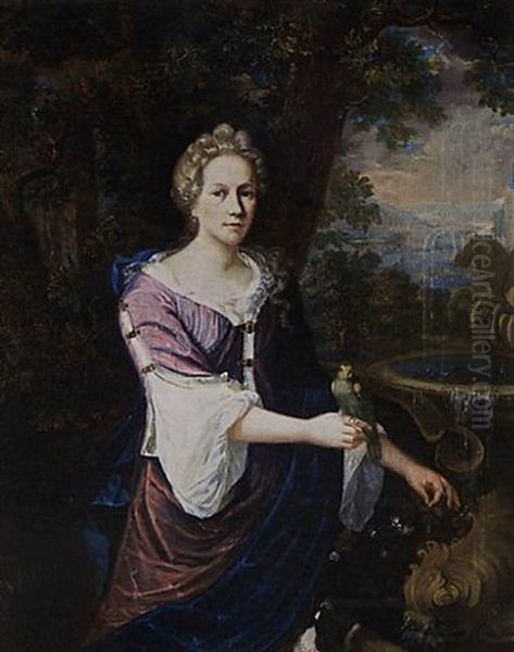 A Portrait Of A Lady Near A Fountain, Wearing A Purple Dress With White Undergarment And A Blue Shawl, Holding A Parrot On Her Right Hand, A Dog In The Foreground - view 1