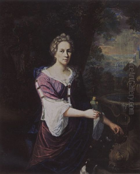 A Portrait Of A Lady, Near A Fountain, Wearing A Purple Dress With White Undergarment And A Blue Shawl, Holding A Parrot - view 1