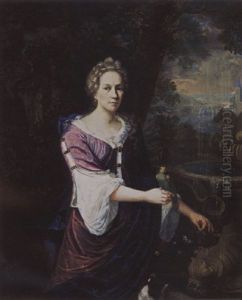 A Portrait Of A Lady, Near A Fountain, Wearing A Purple Dress With White Undergarment And A Blue Shawl, Holding A Parrot