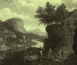 Rhenish Landscape With Merchants Loading A Barge by Barend Van Kalraet