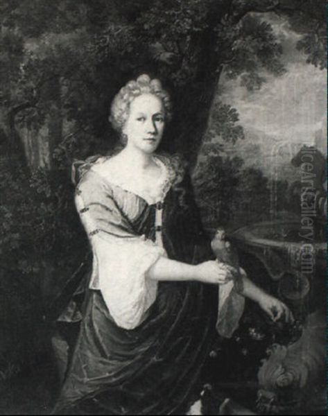 Portrait Of A Lady Holding A Parakeet Near A Fountain - view 1