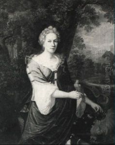 Portrait Of A Lady Holding A Parakeet Near A Fountain