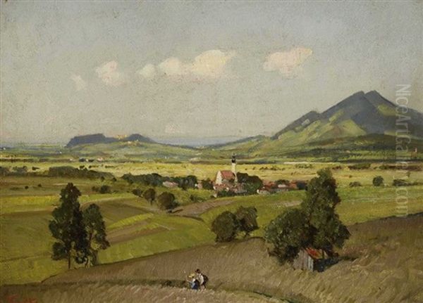 Sommerliche Voralpenlandschaft Mit Wanderern - view 1