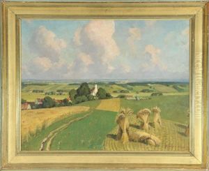 Landliche Gegend Mit Schafer Und Herde, Im Vordergrund Getreidehocken Landliche Gegend Mit Schafer Und Herde, Im Vordergrund Getreidehocken