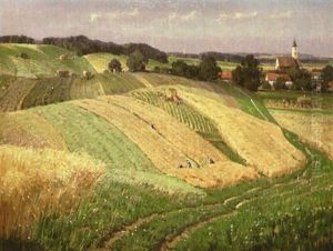 Hugelige Felderlandschaft Mit Bauern Bei Der Heuernte by Karl Kaltenmoser