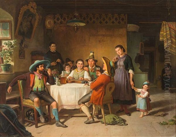 Tiroler Familie Im Festtagsstaat Lauscht Dem Zitherspiel Eines Madchens Und Dem Gesang Eines Jungen Mannes - view 1